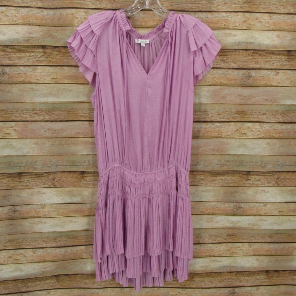 Current Air V-Neck Ruffle Neck Drop Waist Pleated Shirt Dress L